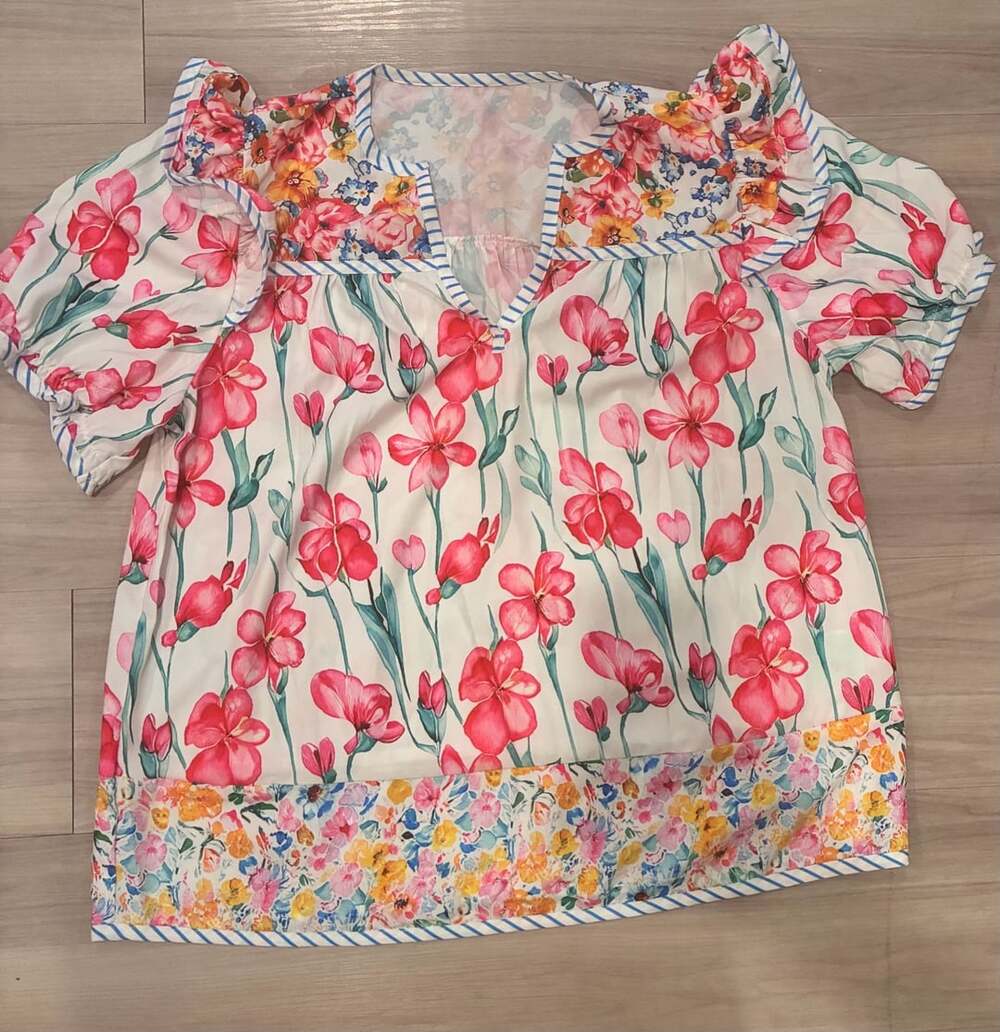 Floral Print Striped Detail Split Neck Short Sleeve Blouse